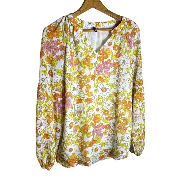BTFBM Tops - Floral Peasant Top Large Retro Hippie Boho Lantern Sleeve V-Neck Chiffon